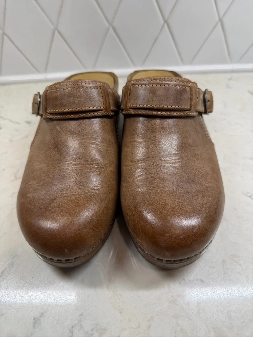 Dansko Pearson Brown Leather Clogs Size 37 with Buckle Excellent Condition